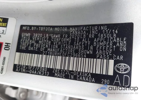 2015 Toyota Corolla S Plus z USA, uszkodzony, nr VIN 2T1BURHE0FC296654